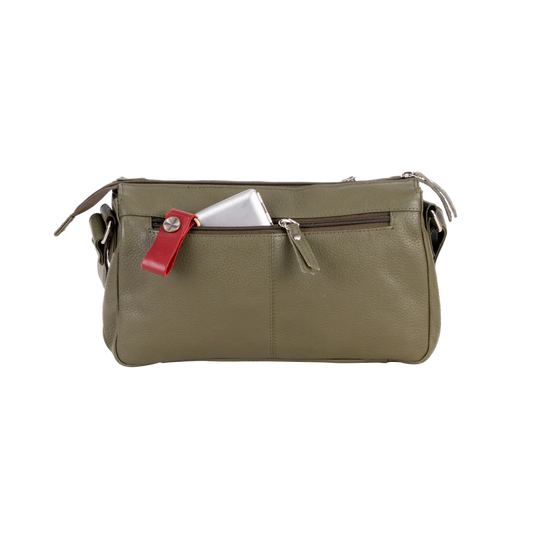 Olive green leather crossbody bag with red zipper and silver hardware