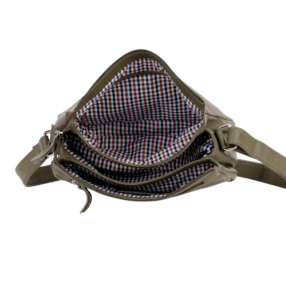 Olive green leather crossbody bag with checkered interior lining
