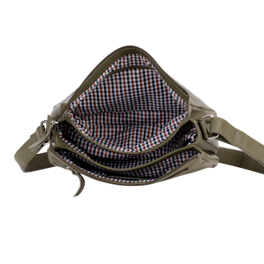Olive green leather crossbody bag with checkered interior lining