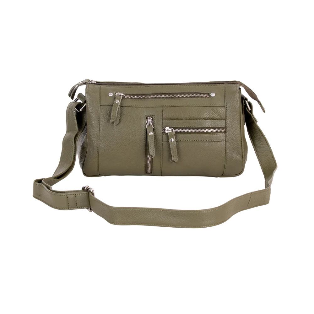 Olive green leather crossbody bag with zipped compartments