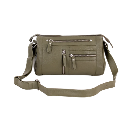 Olive green leather crossbody bag with zipped compartments