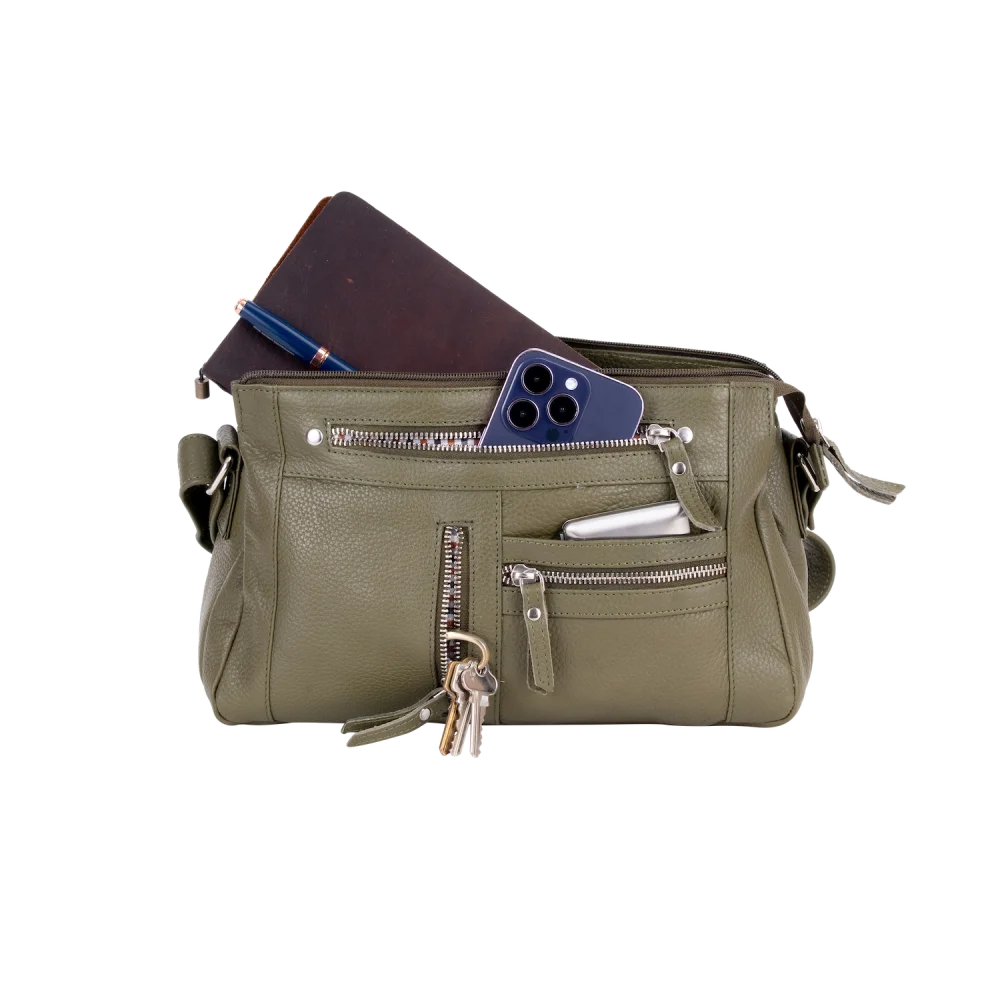 Olive green leather crossbody bag with zipped compartments and strap