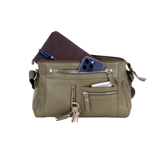Olive green leather crossbody bag with zipped compartments and strap