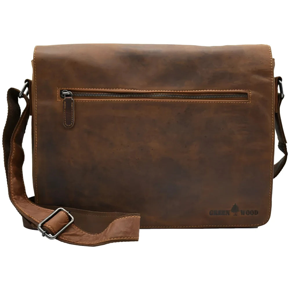 Brown leather laptop bag Berlin GW588 with distressed finish and zipped compartment