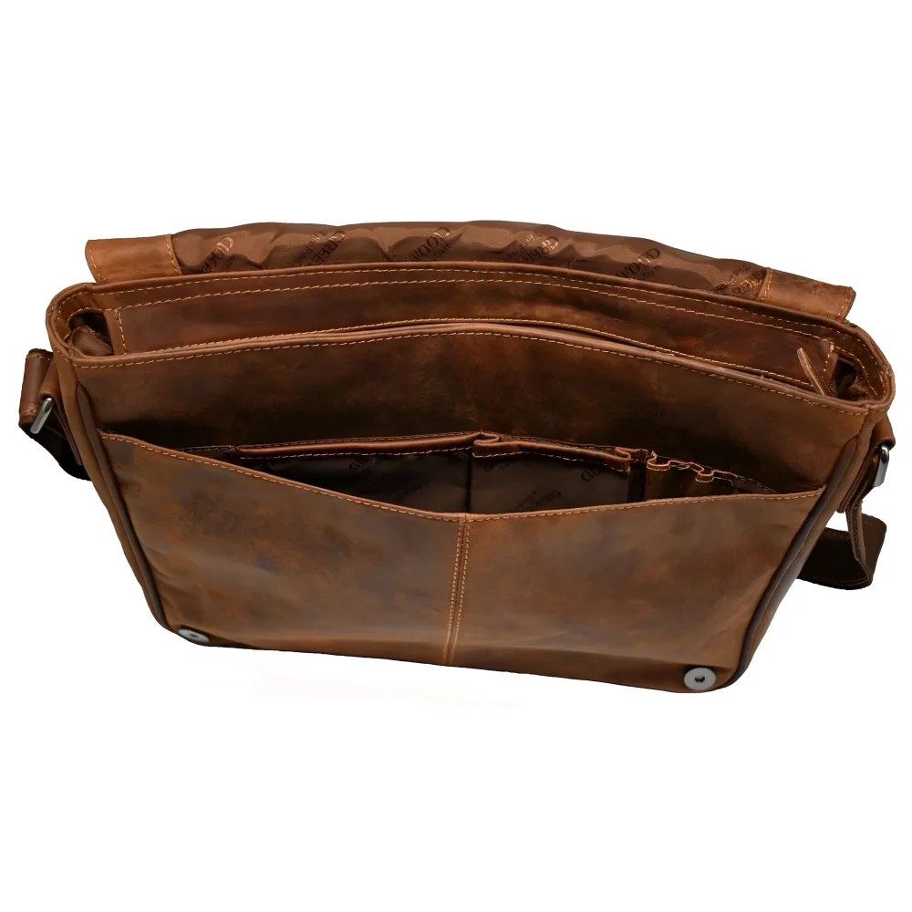 Brown leather laptop bag Berlin GW588 with stitched zipped compartments