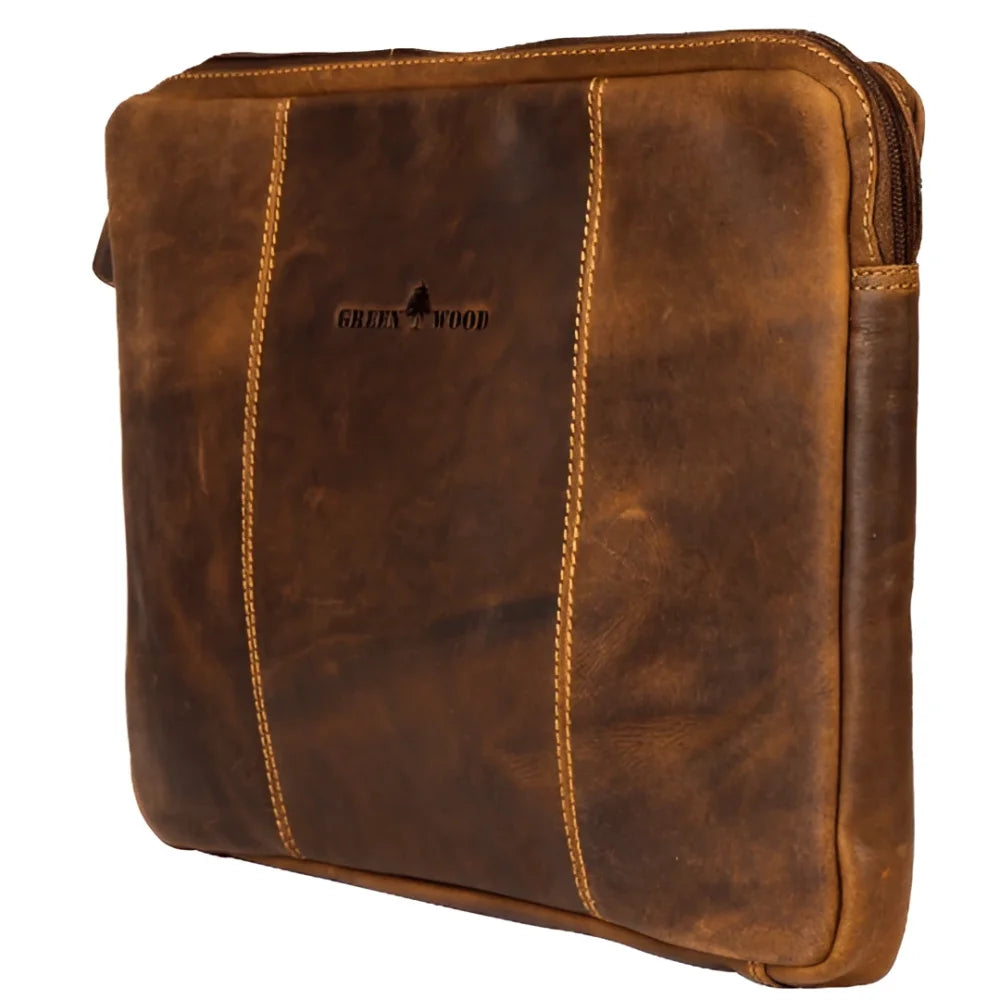 Brown grain leather laptop sleeve for MacBook Pro with stitching and logo