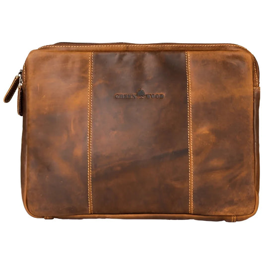 Brown grain leather laptop sleeve for MacBook Pro with embossed logo