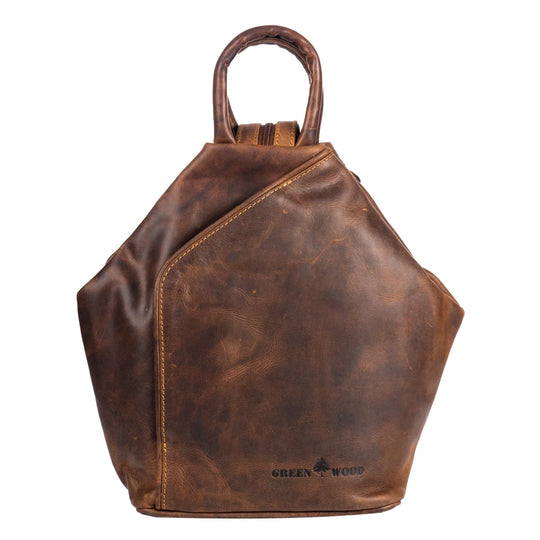 Brown leather shoulder bag Zoe GW006B with distressed finish, tan stitching