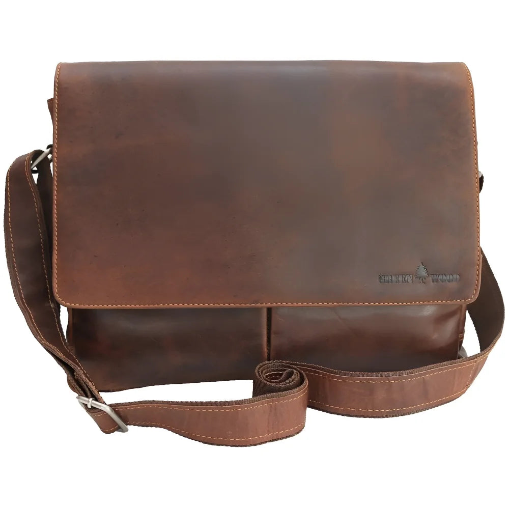 Brown Greenwood leather shoulder bag GW117 with tan stitching