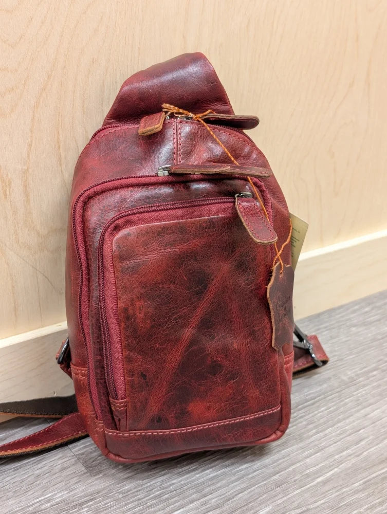 Red wax pull-up leather Ajax sling bag, distressed vintage crossbody