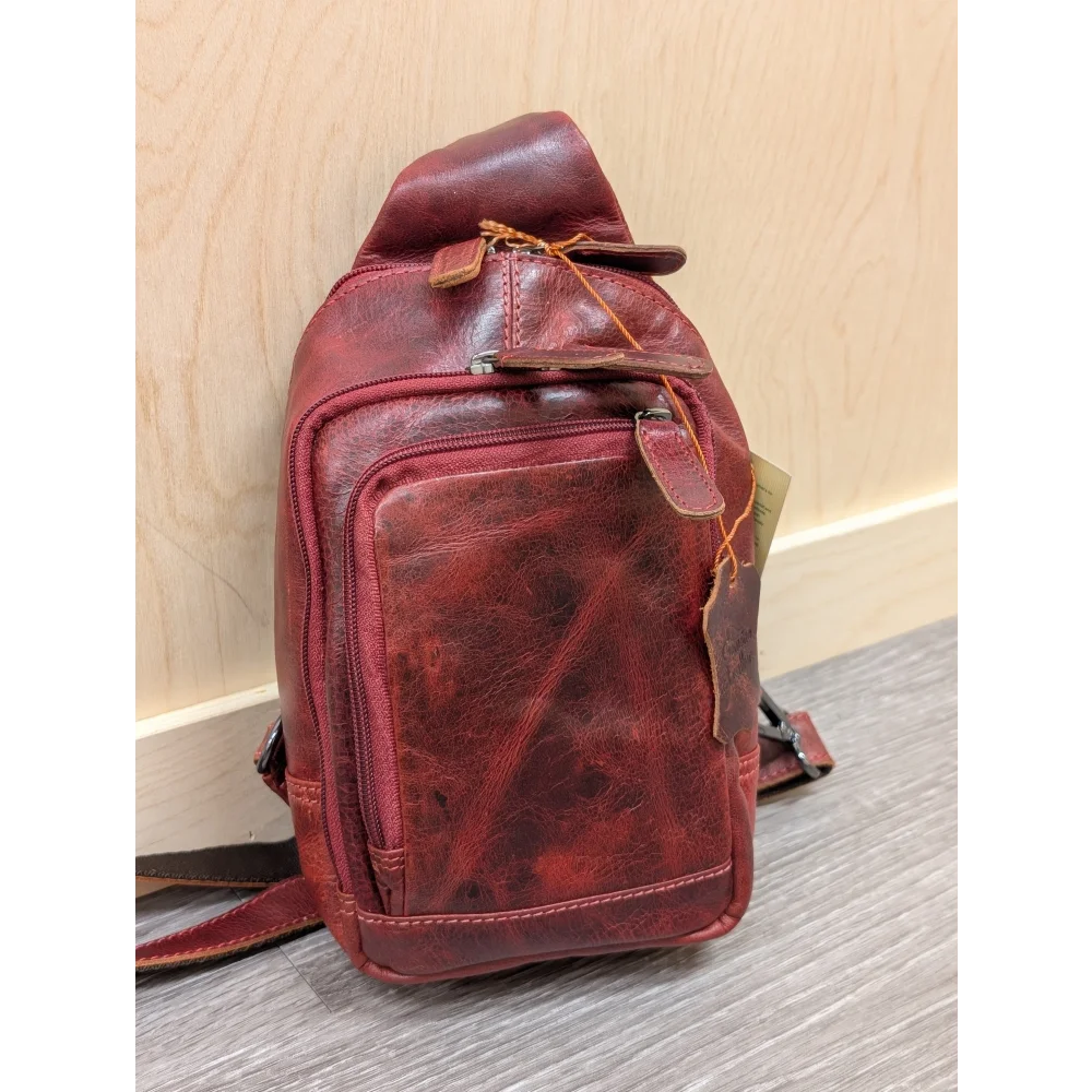 Red wax pull-up leather Ajax sling bag, distressed vintage crossbody