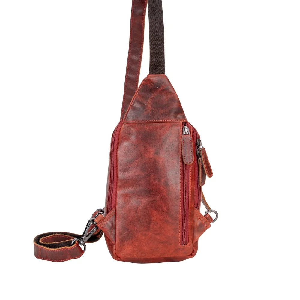Red wax pull-up leather crossbody bag Ajax with brown strap