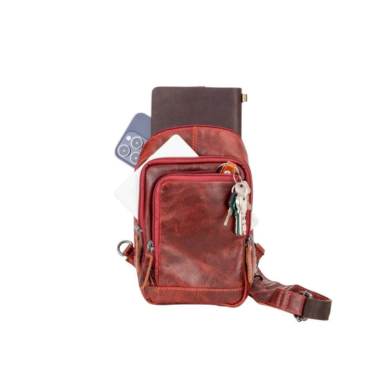 Rich distressed wax pull-up leather crossbody bag Ajax red