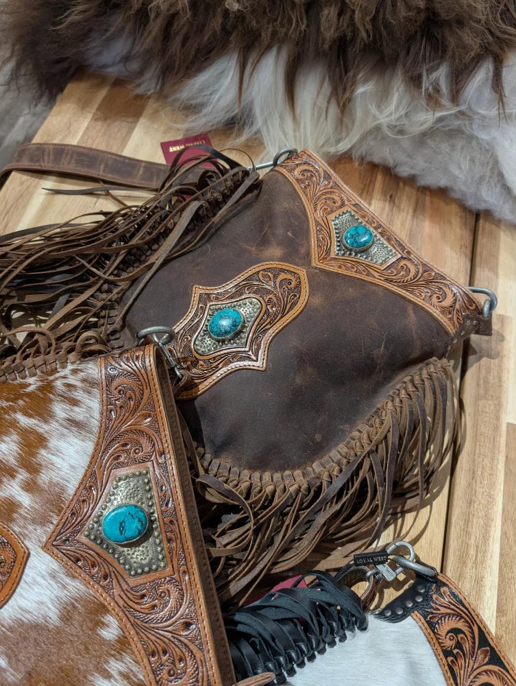 Brown leather mojave tassel bag in rich hunter leather with flowing fringe and turquoise stone accents free over 500