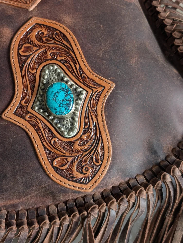 Mojave tassel bag in brown hunter leather with turquoise stone