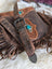 Mojave tassel bag in hunter leather with fringe, floral tooling, turquoise stones