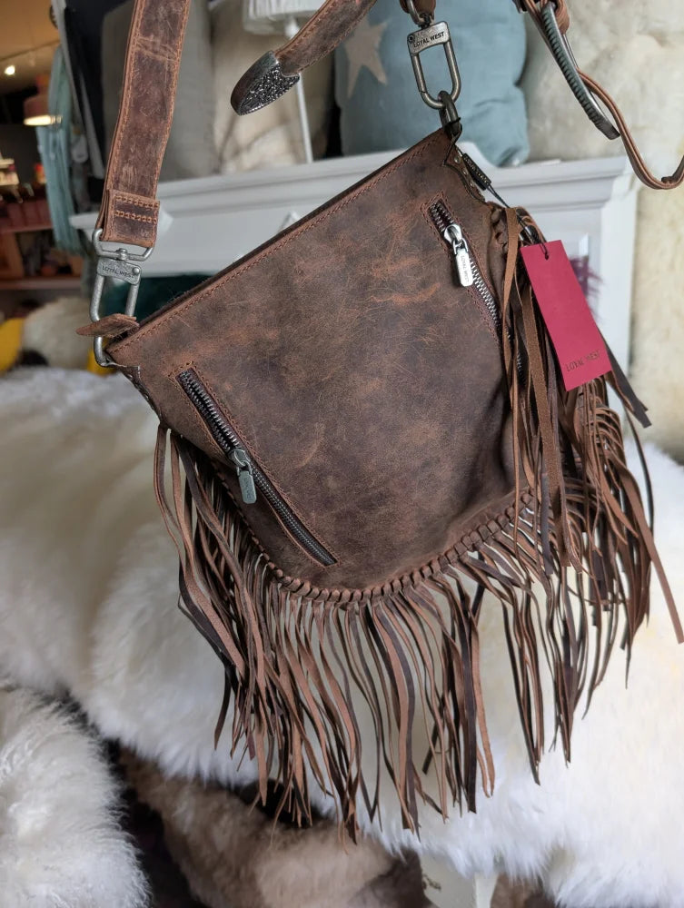 Mojave tassel bag in hunter leather with brown fringe and silver zippers