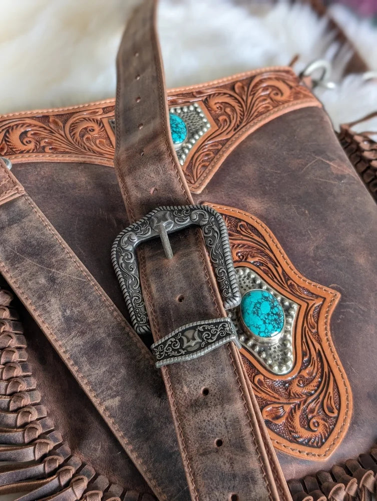 Mojave tassel bag in hunter leather with turquoise accents