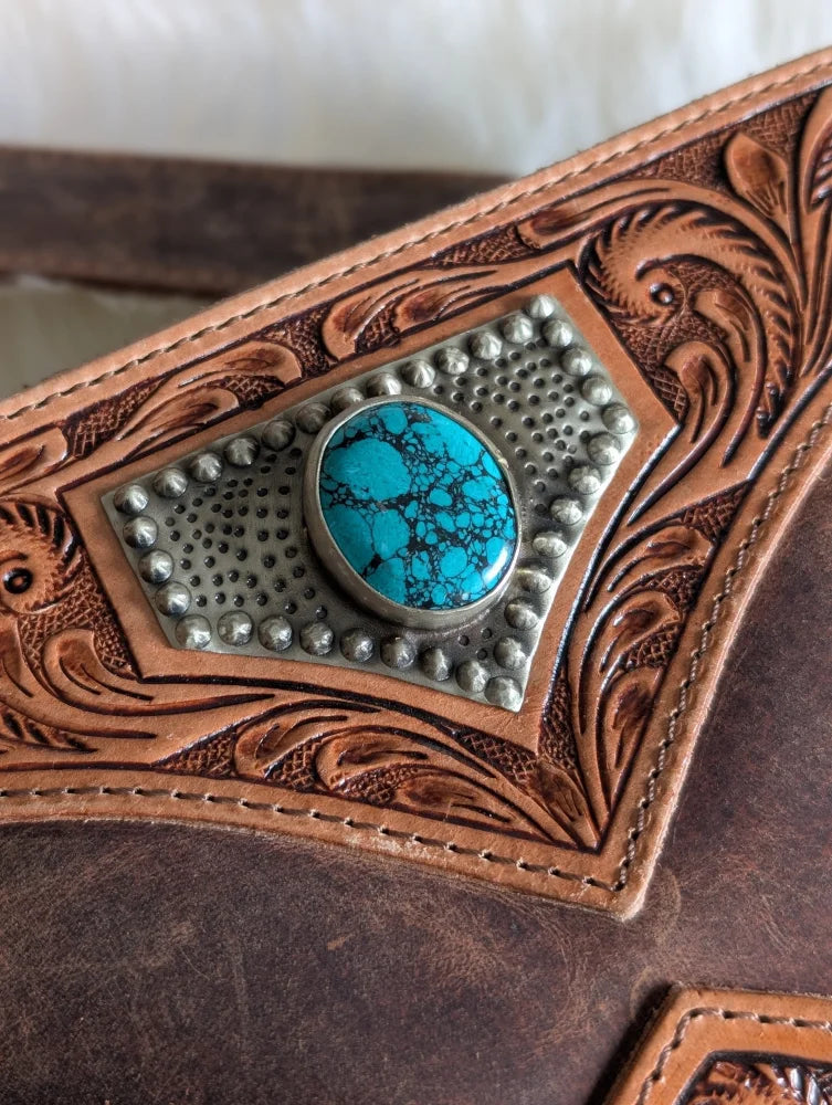 Mojave tassel bag brown leather strap with turquoise stone studs