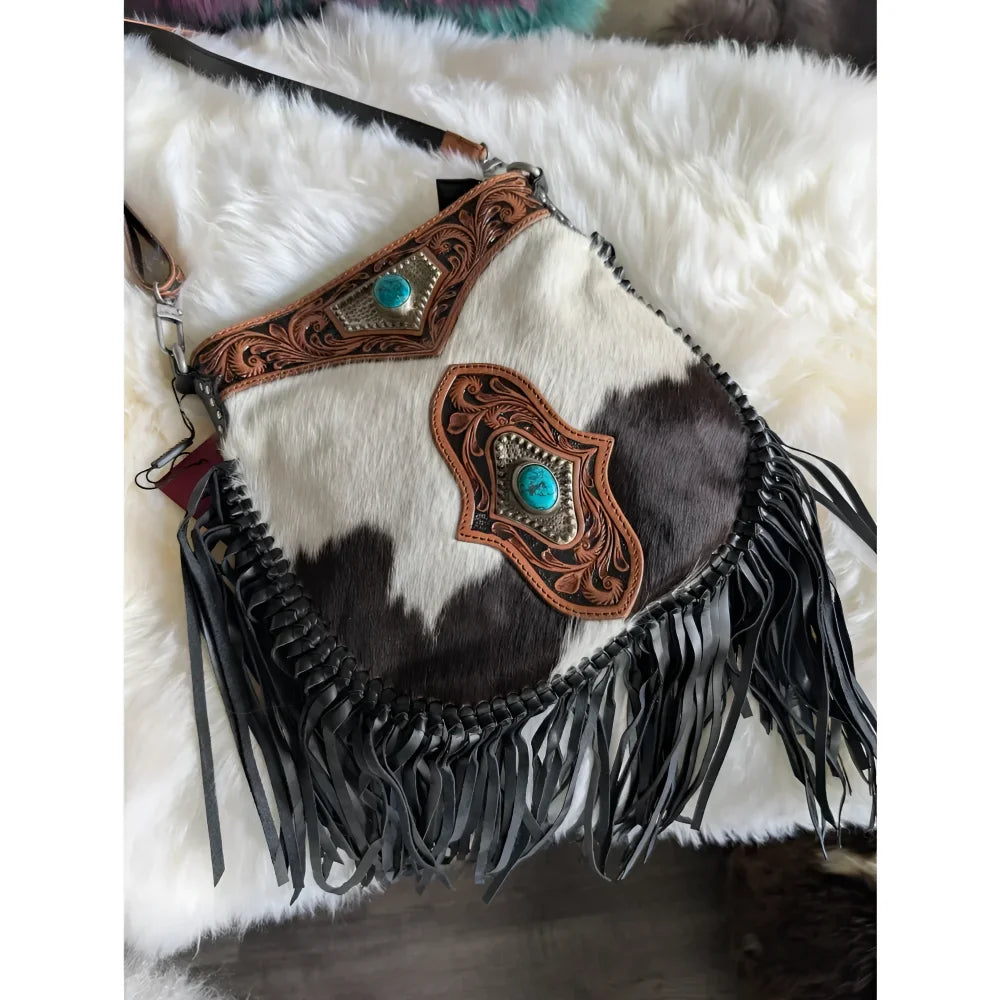 Cowhide mojave tassel bag in rich hunter leather with turquoise stone inlays and flowing fringe free with 500 spend