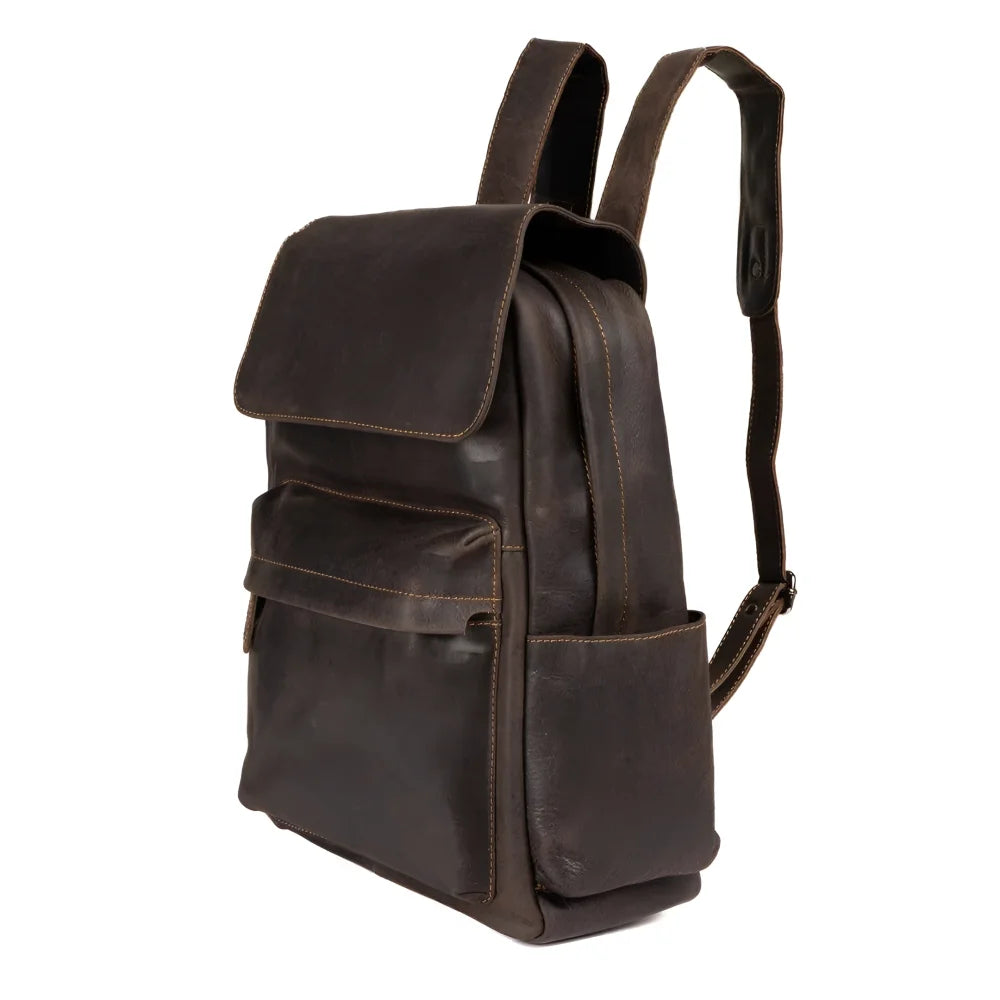 Dark brown leather backpack Scott with flap pocket stitching