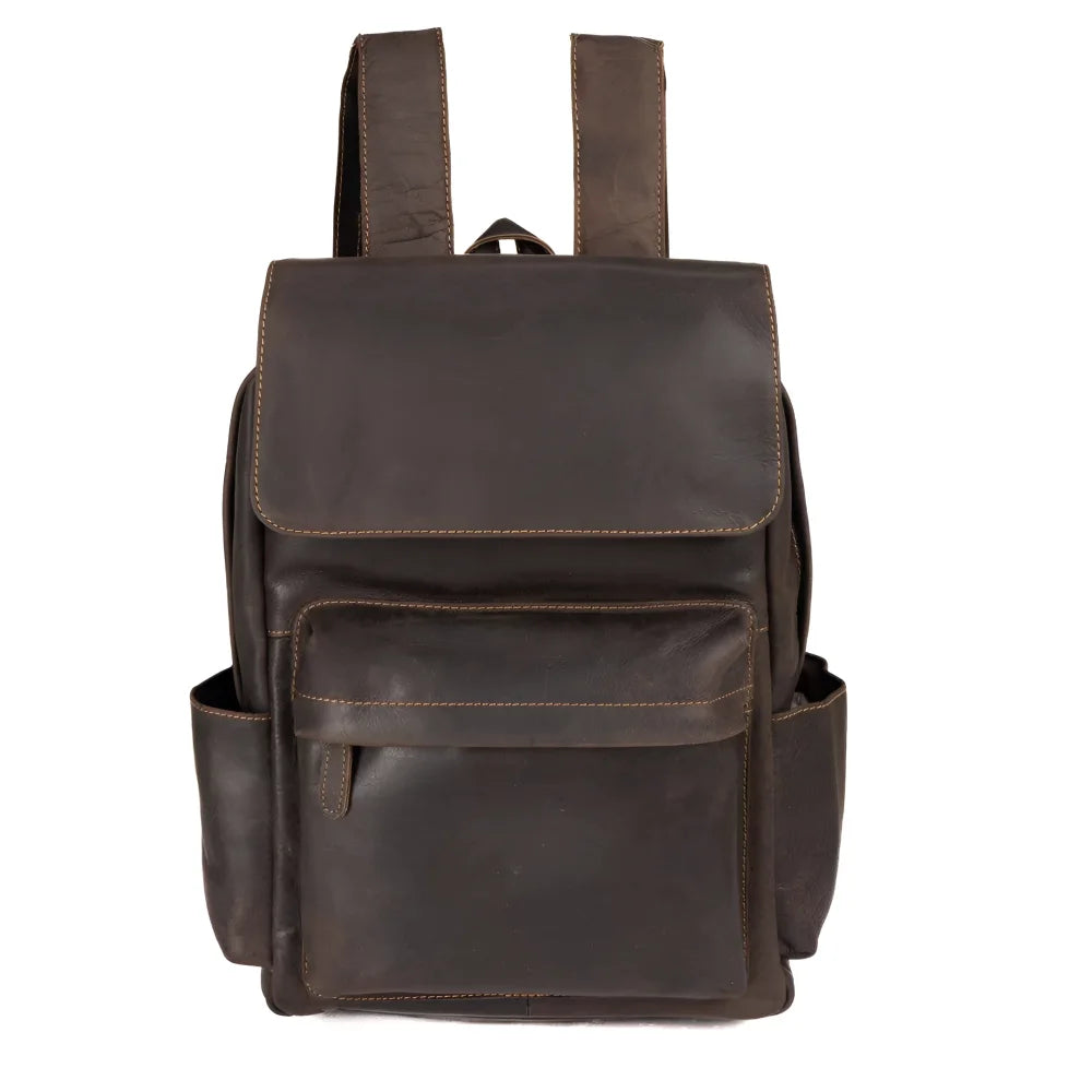 Dark brown leather backpack Scott with stitching and front pocket
