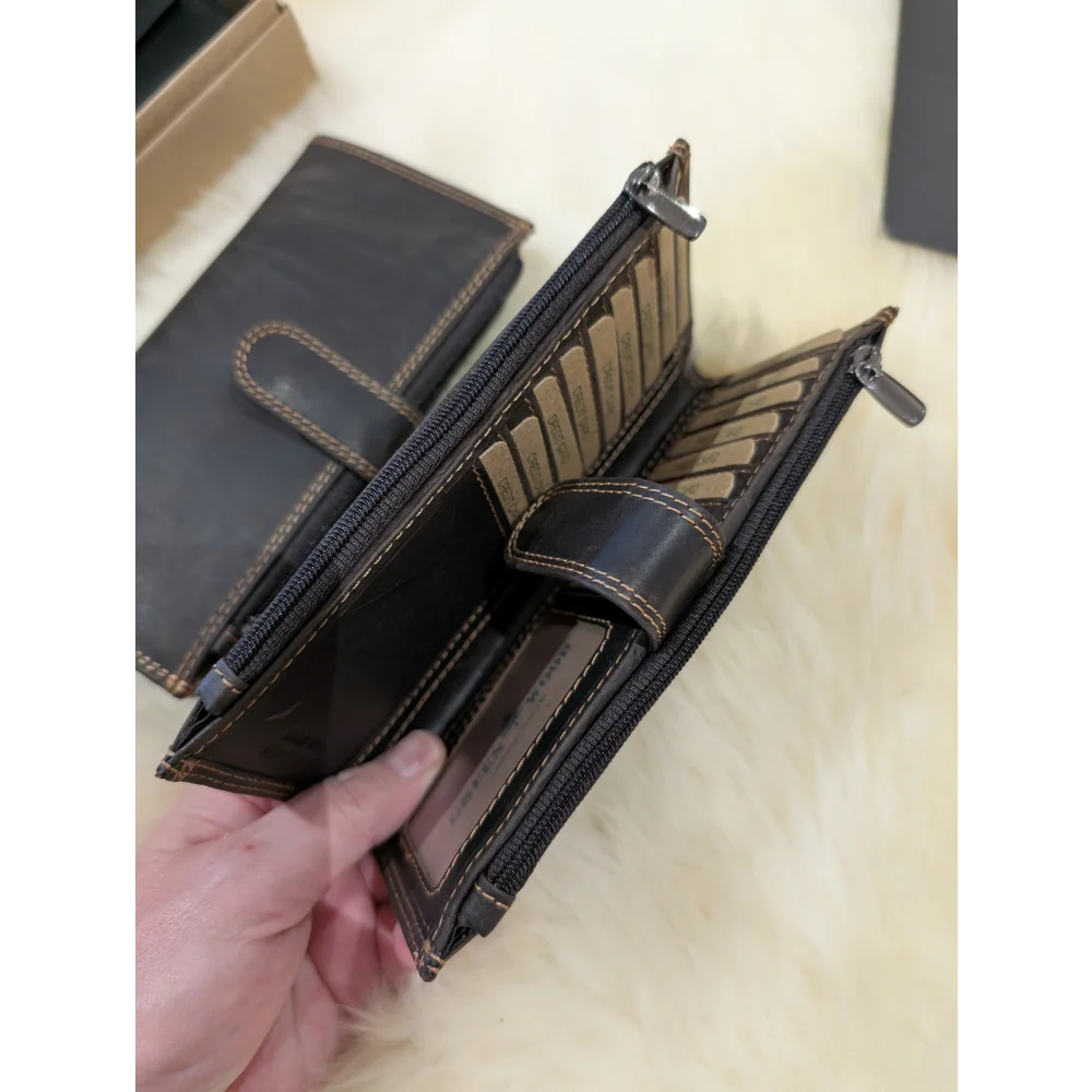 Angus Oliver dark brown sheepskin leather wallet with compartments and zipper