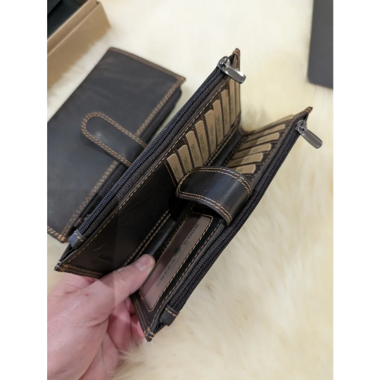 Angus Oliver dark brown sheepskin leather wallet with compartments and zipper