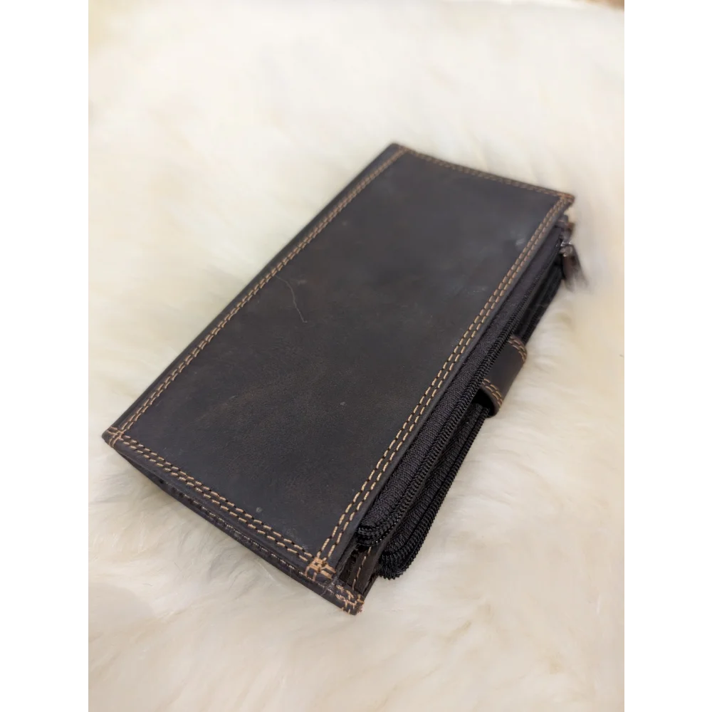 Angus Oliver dark brown sheepskin leather wallet with zipper