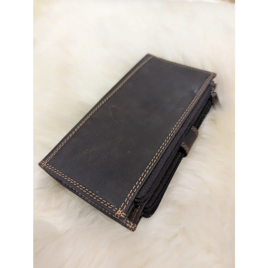 Angus Oliver dark brown sheepskin leather wallet with zipper