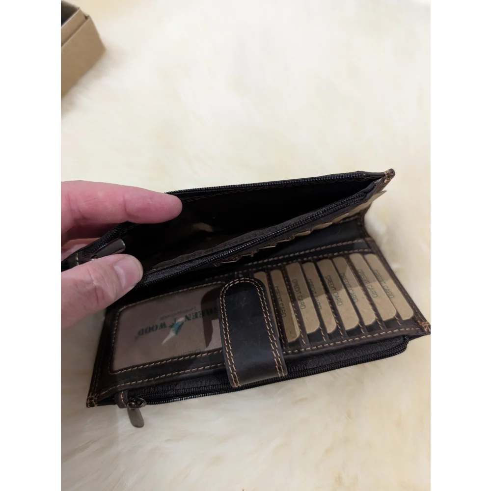 Angus Oliver dark brown sheepskin leather wallet with card slots and zip