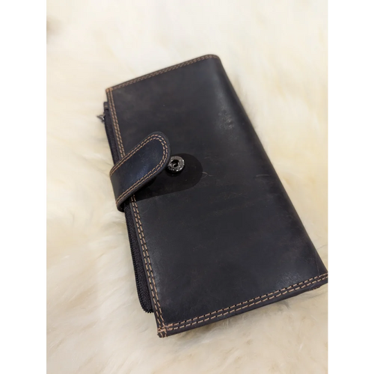 Angus Oliver dark brown sheepskin leather wallet with silver hardware