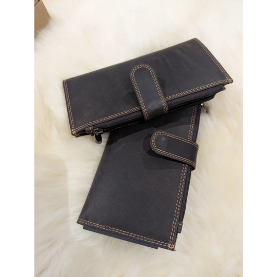 Angus Oliver dark brown sheepskin leather wallet with white stitching and zipper