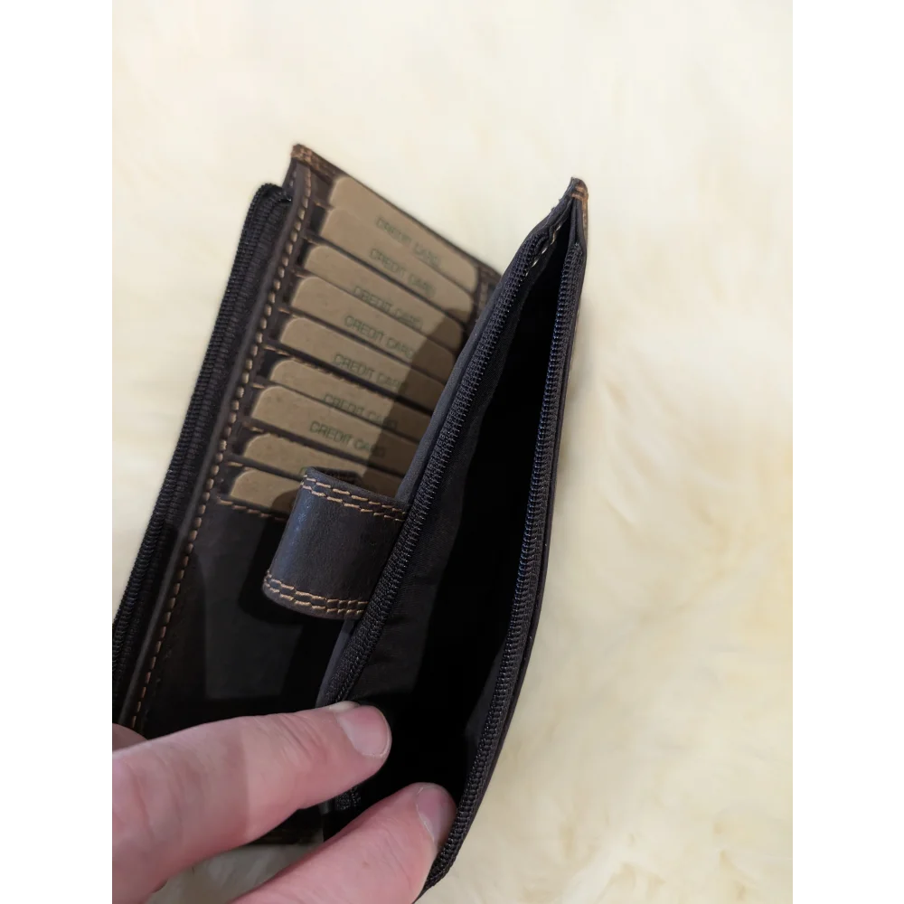 Angus Oliver dark brown sheepskin leather wallet with card slots and zipper