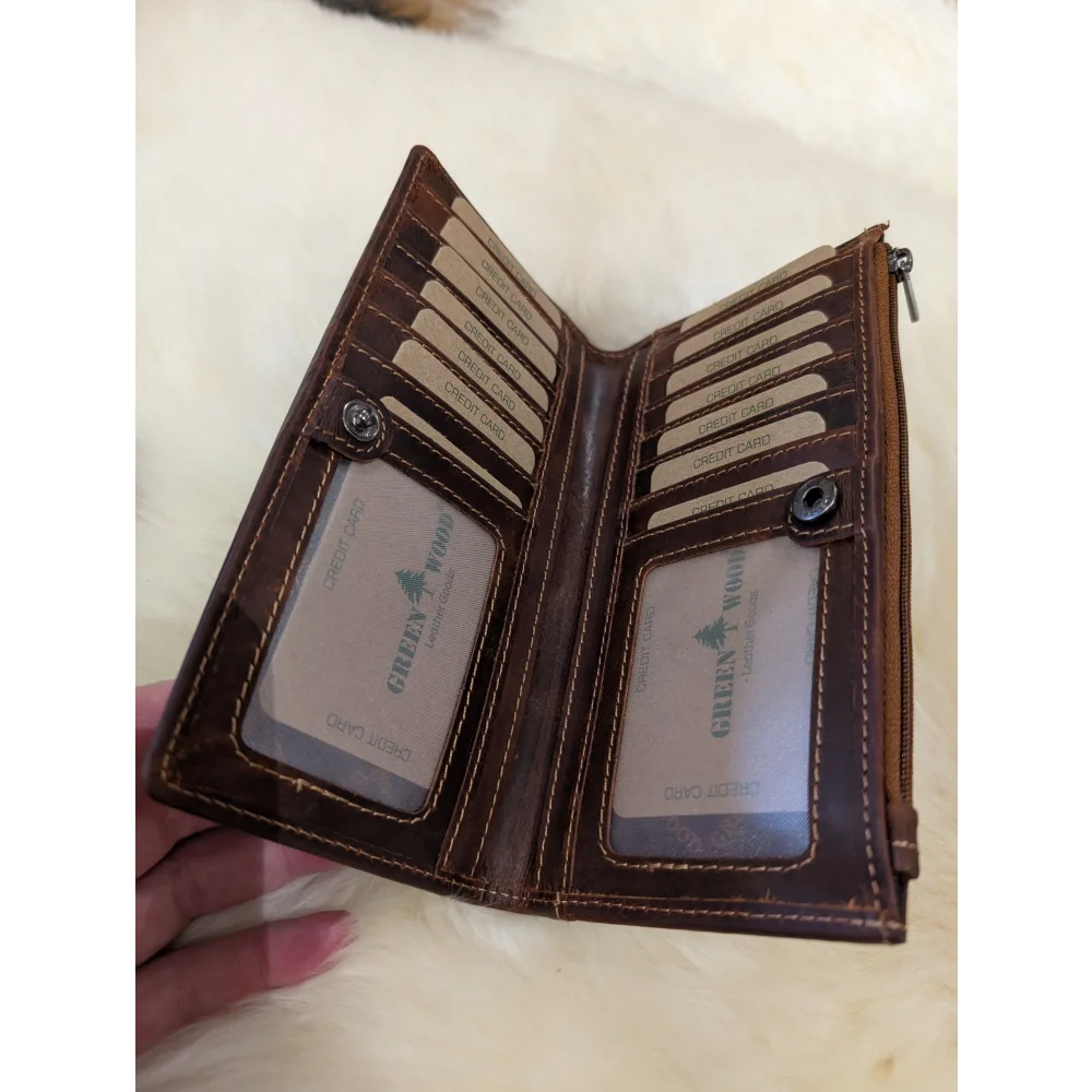 Angus Oliver brown sheepskin leather wallet with card slots and zip