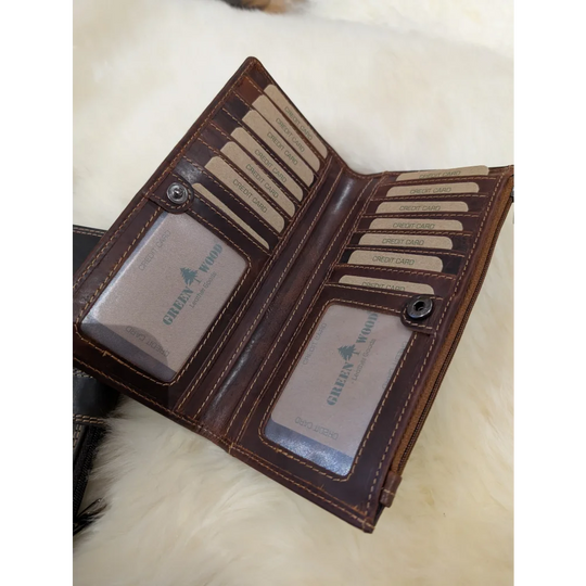 Brown Buxton leather wallet with card slots and coin pocket