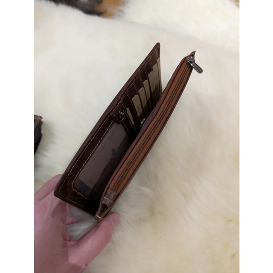 Angus Oliver brown sheepskin leather wallet with zipper and card slots