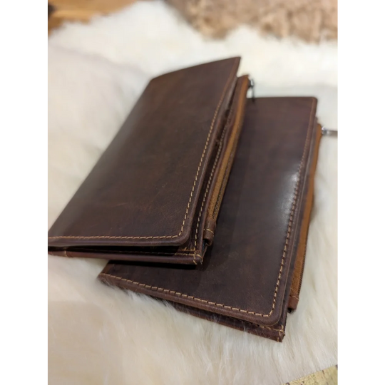 Angus Oliver brown sheepskin leather wallet with stitching