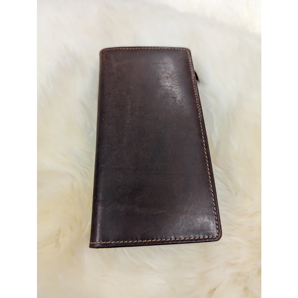 Angus Oliver brown sheepskin leather wallet with embossed stitching