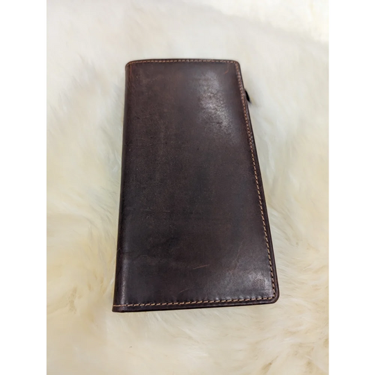 Angus Oliver brown sheepskin leather wallet with embossed stitching