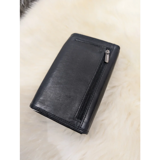 Angus Oliver sheen black sheepskin leather wallet with zipper