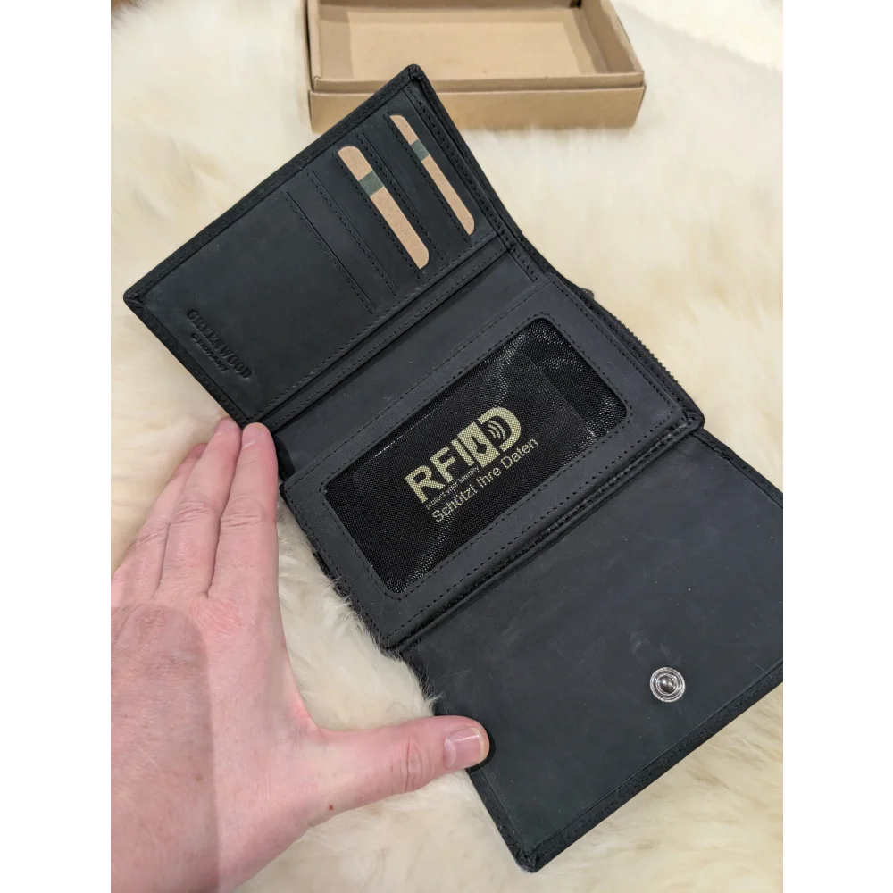 Angus Oliver soft black sheepskin leather RFID wallet with silver hardware