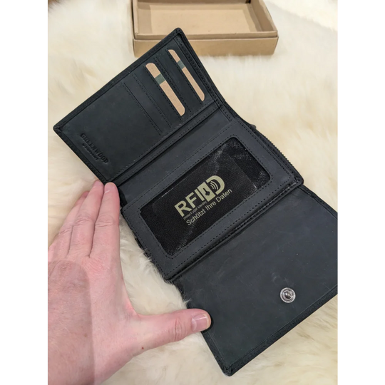 Angus Oliver soft black sheepskin leather RFID wallet with silver hardware
