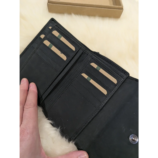 Angus Oliver soft black leather wallet with sheepskin stripes