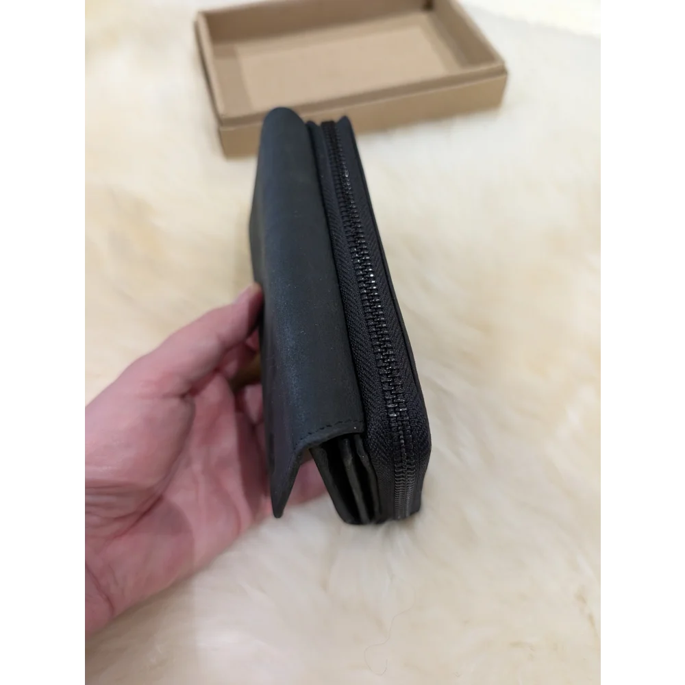 Angus Oliver soft black sheepskin leather wallet with zipper and card slots