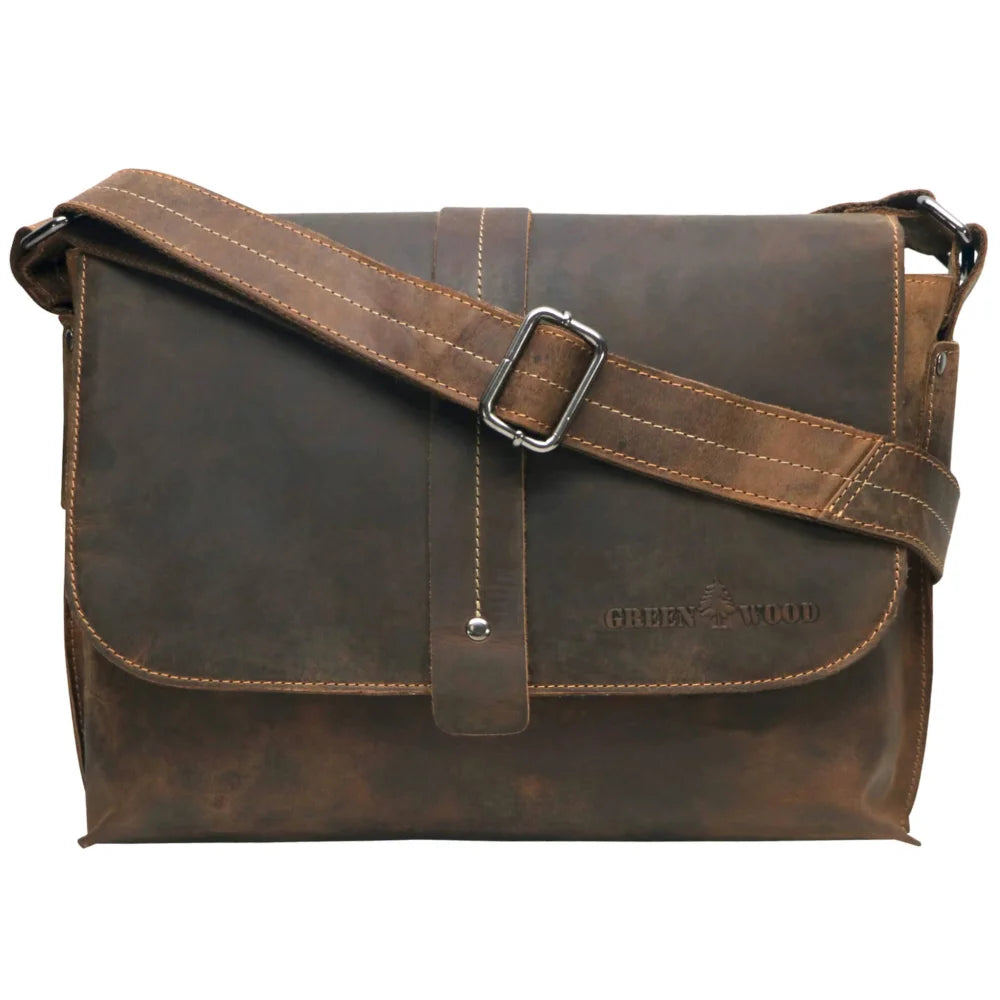 Brown leather cow shoulder bag with tan stitching, wide strap for 13.3 laptop