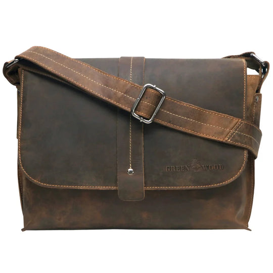 Brown leather cow shoulder bag with tan stitching, wide strap for 13.3 laptop