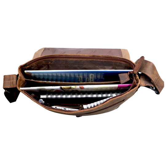 Brown cow shoulder bag with interior pocket, zipper, wide strap for 13.3 laptop
