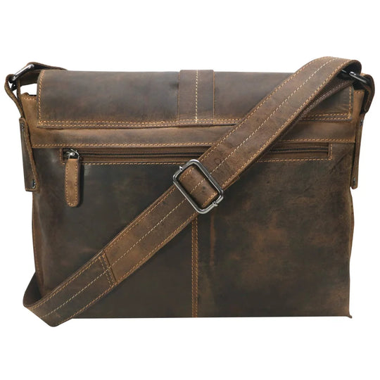 Brown leather cow shoulder bag with stitching, buckle, wide strap for 13.3 laptop