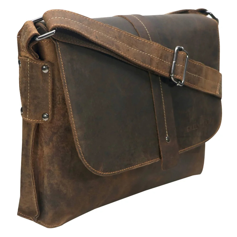 Brown cow shoulder bag with distressed leather, tan stitching, wide strap for 13.3 laptop